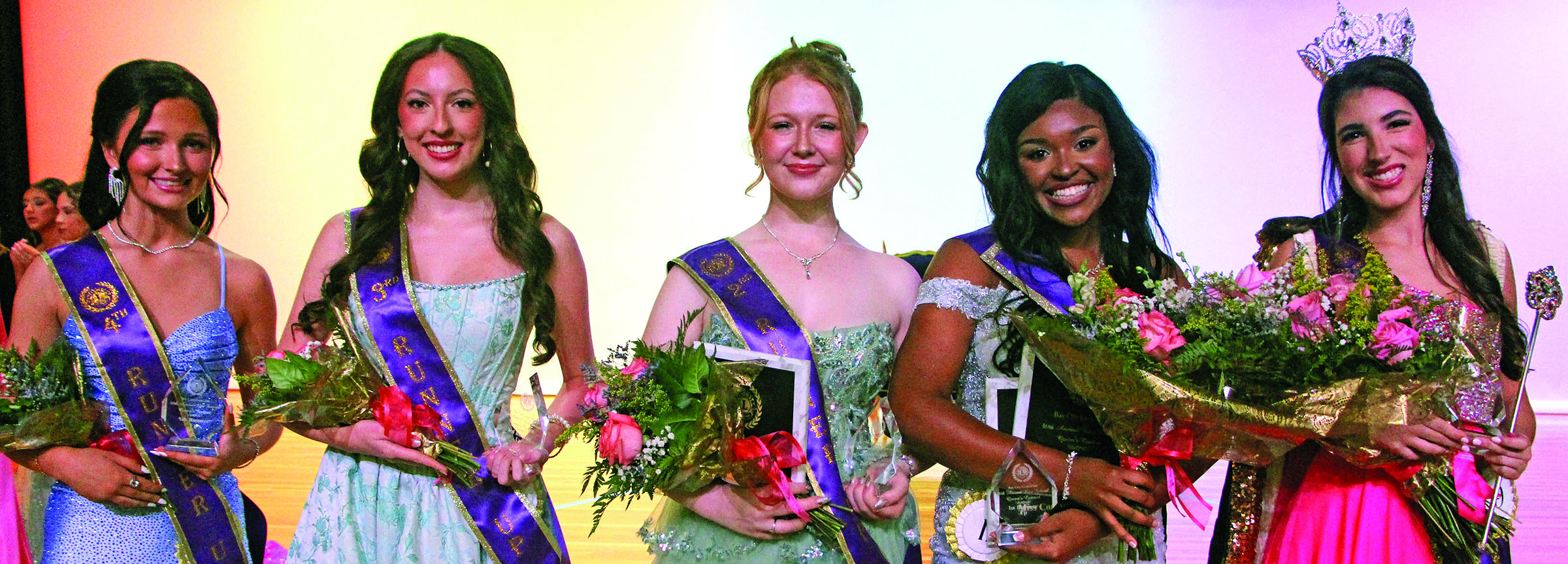 Sentinel Photo/Jessica Shepard Above, Bay City Lions Club 2026 Rice Festival Queen is Karoline Murray (far right) was crowned Saturday, Oct. 10. From left, her court features 4th runner-up Lily Walker, 3rd runner-up Breanne Hahn, 2nd runner-up Avery Smith, and 1st runner-up Nyla Brewer.  