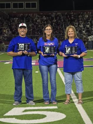 Tidehaven ISD photo  Three Tidehaven Athletic Hall of Fame inductees: Robert Dannels, Bridgette McKissick Dannels, and Stacy Pierce Wolf,  were honored at halftime of the Tidehaven-Ganado football game Friday, Aug. 28. Before the game, the inductees gathered with their families and friends for a small reception. At halftime, our inductees were proudly presented to the Tidehaven community and honored with plaques that will hang in the Dome. 