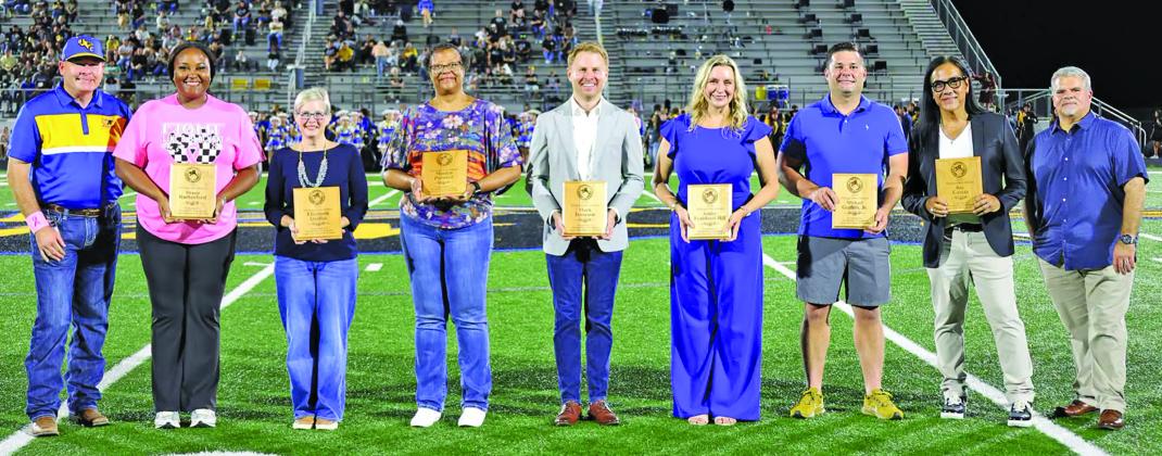 Courtesy photo Bay City ISD celebrated its 2026 Distinguished Alumni Class during a Blackcat football halftime Friday, Oct. 9. This year’s Distinguished Alumni honorees: Michael Griffith, Jr., Ashley Frankson Hill, Mark Isaacson, Elizabeth Quillin, Ray Garcia, Valerie Johnson - not pictured, Monica Pointer, Shaun Rutherford - Kearston Hines and Shaun’s Goddaughters received his award.
