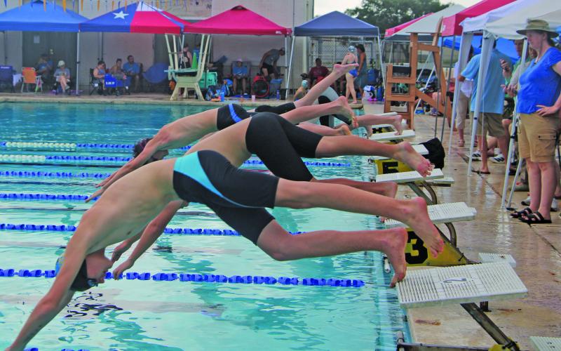 Sentinel Photo/Mike Reddell Bay City Aquacat divers present a lively look during competition at last Saturday’s Aquacat swim meet here. The threat of lightning forced the cancellation of the event.