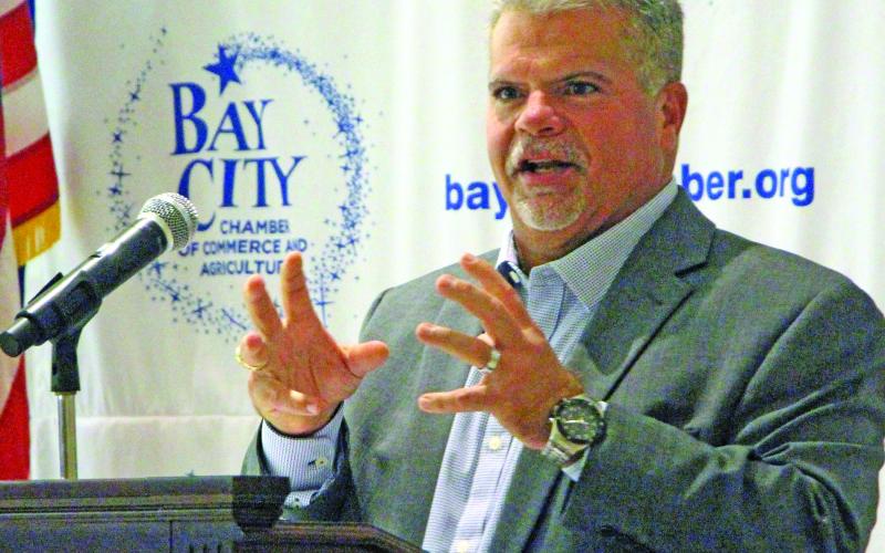Sentinel Photo/Jessica Shepard Bay City ISD Superintendent Chris Townsend thanks new teachers for joining the district on journey to achieve excellence at last week’s breakfast.