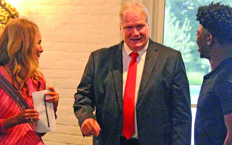 County Judge Bobby Seiferman, center, expresses his excitement for the Youth Leadership Matagorda County Program’s 4th year to Bay City High School Counselor Shelly Grimes, left, and incoming senior student participant Javius Andrews, right, on Thursday Aug. 6. Andrews is one of 11 Bay City ISD students that are part of the countywide program. Sentinel Photo/Jessica Shepard