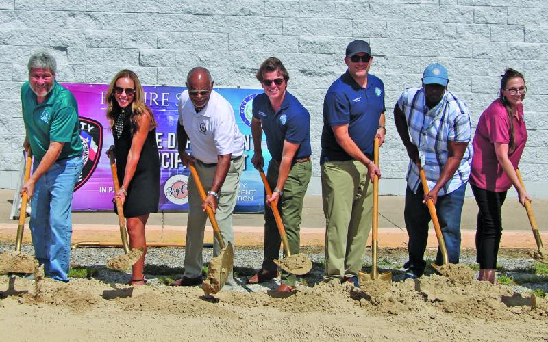 The Bay City Police Department and City Officials invited the public to the official groundbreaking ceremony of the new Bay City Public Safety Center on Thursday, Aug. 20. Shown, from left, City Manager Scotty Jones, City Councilman JIm Folse, Council Member Susan Reardon, Mayor Robert Nelson, Councilman Bradley Westmoreland, Mayor Pro Tem Blayne Finlay, Councilman Cory McCray, Court Administrator Katy Plunkett, and Police Chief Christella Rodriguez.  Sentinel Photo/Mike Reddell