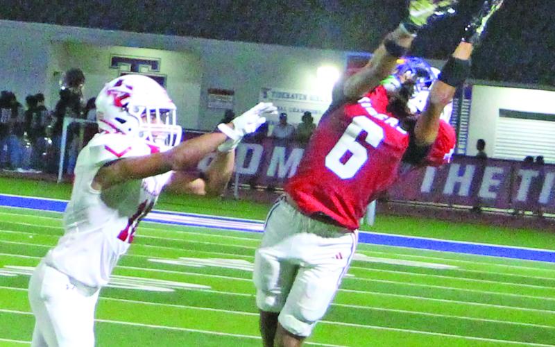 Sentinel Photo/Jessica Shepard Tidehaven’s DJ Foster (6), above left, leaps for a reception last week against Palacios,