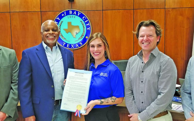 Sentinel Photo/Mike Reddell City Council proclaimed Domestic Violence Awareness Month at its Sept. 22 meeting.The Crisis Center of Matagorda and Wharton County is dedicated to helping victims of domestic violenceby providing free and confidential services such as advocacy, education, shelter and resources. In the past year, the Crisis Center has provided services to 418 clients of domestic violence and 7,314 nights of shelter to adults and children.