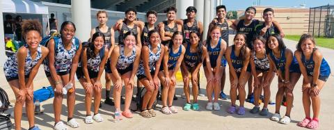 Contributed photo Both BCHS Cross Country boys and girls team pose for a photo at a recent meet in Texas City.