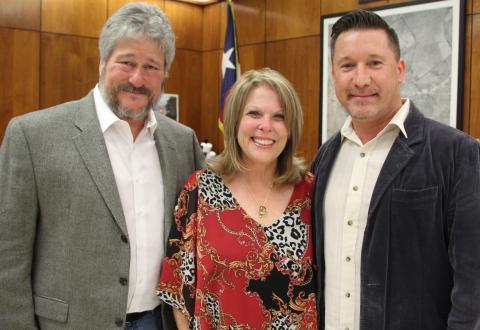 Kim Marceaux is joined by City Councilman Jim Folse and Mayor Pro Tem Jason Childers. Council read a State Senate Resolution honoring the accomplishments of her late husband, Brent Marceaux. For more information on the recognitions, see the Page 1 article on City Council.