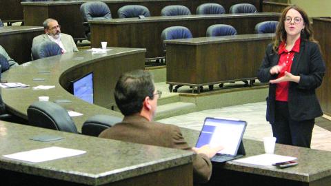 Sentinel photo/Jessica Shepard South Texas Project Nuclear Operating Company Communications Manager Amanda Sitka presents additional information on the company's communication plans and new Integrated Public Alert and Warning System (IPAWS) use  Nov. 30.