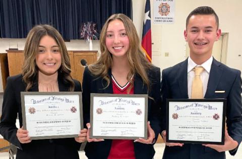 Bay City High School students swept the top three spots in the recent Veterans of Foreign Wars' "Voice of Democracy" contest. The contest, sponsored by VFW post 2438. This year's topic was "America: Where Do We Go From Here?" Alyssa Castro took first place, with Rachelle Larson and Troy Gilbert coming in second and third. Each student performed their speech at a banquet held Tuesday night at the VFW post.  Shown, from left, are Castro, Larson, Gilbert.  Courtesy photo