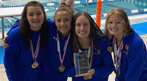 Photo: Lisa Moya Above the girls’ 400 free relay - (from left) Victoria Sliva, Cali Morales,  Megan Moya and Lucy Frick and - got a win to close out the meet.
