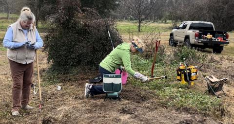 Contributed photo Birding Nature Center volunteers and board members Sara Huebner and Diana Frankson begin work to refurbish the Butterfly Garden. It will be replanted with milkweed and nectar-producing plants in an effort to attract and support migrating monarch butterflies.