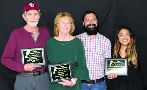 Sentinel photo/MaLinda Reddell Palacios Chamber of Commerce banquet honorees Feb. 17 were, from left, Rick Cink, Man of the Year; Sally Kurtz, Woman of the Year; and Palacios Medical Center, Business of the year. 