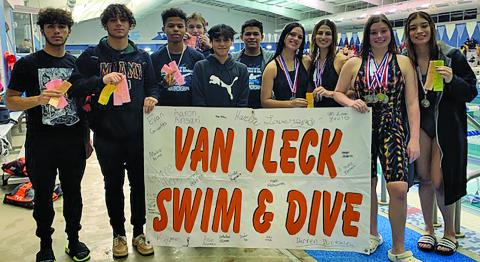 Photo by Van Vleck Swim Coach Ingrid Ryman Van Vleck Swim Team members show off the honors taken at the Region VII-5A swim meet in Victoria.