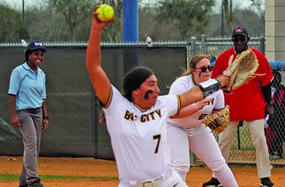 Sentinel photo/Mike Reddell Ladycat pitcher Miley Salazar (7) was the winning hurler as the girls beat Hitchcock 16-0 last week in tournament play.