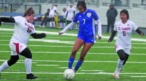 Sentinel photo/Mike Reddell Sophomore midfielder Rubi Ortiz (7) works the ball through El Campo defenders.
