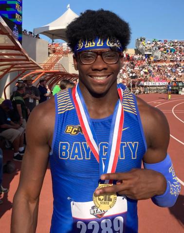 Courtesy photo  Bay City Blackcat junior Brice Turner won the 4A 100-meter dash in a time of 10.25 seconds and the 200-meter dash in a time of 21.04 seconds at the State UIL State Track Meet. The state championship sprinter is coming back to Bay City with two gold medals.