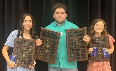 Courtesy photo Tidehaven High School recently honored MVPs at its recent sports banquet. Among the honorees were, from left: Maleah Galvan, Softball MVP; Jerry Johnson, Powerlifting MVP and co-MVP in Football; Jehan Johnson, Basketball MVP, and Female Powerlifting MVP.