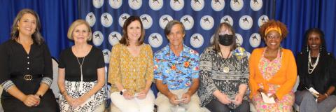 Sentinel photo/Jessica Shepard Bay City ISD employees were recognized for their retirement at the annual employee banquet Thursday, May 19. Those employees are Martha Johnson, Lisa Stuhler, Daniel Tinus, Leslie Stevens, and Donnye Stone. Retirees are flanked by BCISD school board President Jill Westmoreland and trustee Priscilla Robinson. Not pictured is retiree Lisa Volkmer.