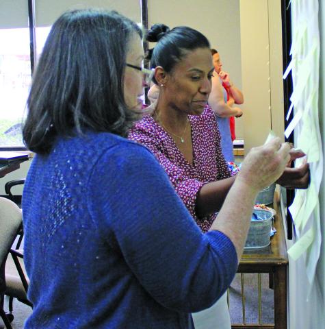 Sentinel photo/Jessica Shepard BCCDC board members Jill Cornelius and Erandi Allison organize "weakness" statements about Bay City's business atmosphere during BCCDC's goal-setting workshop Monday, June 27. 