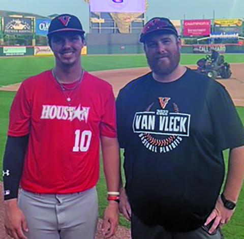 Gunner Gibbens, left, represented Van Vleck Baseball, a 3A division school, in the Greater Houston Baseball Coaches Association All-Star Game Monday, June 13. Seniors from the greater Houston area formed two teams under All-Star selected coaches and played on Constellation Field in Sugar Land. Van Vleck Head Baseball Coach Jacob Cadle, right, nominated Gunner for this honor.  Courtesy photo 