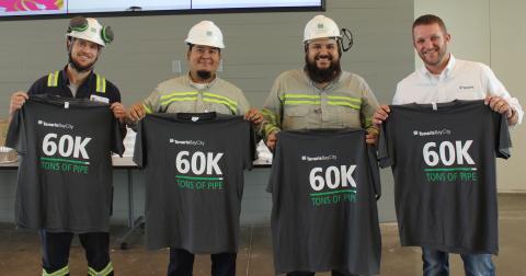 Members of Tenaris’ Bay City plant are celebrating record production in the hot rolling mill, achieving nearly 60k tons of pipe rolled in a month. Tenaris has been steadily increasing its production at the seamless mill and across its U.S. facilities. In the photo, from left to right: Robert Haring; Oscar Enamorado; Josue Noriega; and Jason Gernand. Tenaris photo