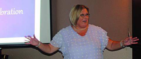 Sentinel photo/Jessica Shepard Matagorda Regional Medical Center Foundation Executive Director Tiffany Foltyn gave a presentation on the foundation's successes as part of the '15th Year Celebration" event on Sept. 1 at the Fat Grass Restaurant. 