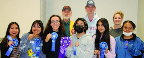 Sentinel Photo/Mike Reddell Winners of the annual Rice Dish Round-up contest were awarded blue ribbons on Tuesday, Oct. 18. Grand Champions, above, received purple ribbons along with a cash award and bag of rice. In no particular order are Lane Jacoby, grades 1-5; Jace Girndt, grades 6-8; Oscar Parga, grades 9-12; and Kathy Jackson, adult division. Not all are pictured.