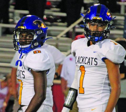 Sentinel file photo/Mike Reddell Sophomores running back Jada Andrews (0) and quarterback Alex Estrada (1) are Bay City’s offensive leaders with Andrews running for 205 yards against Iowa Colony and Estrada rushing for 106 yards.