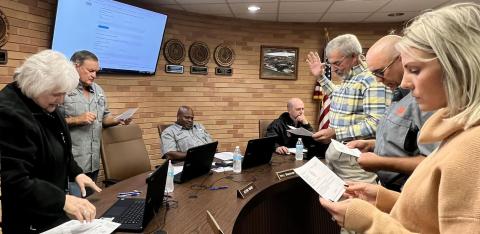 Contributed photo Van Vleck ISD Superintendent's Secretary Pat Hackworth, left, swears in school board members Tony Kucera, Laura Kubecka, Marcus Moss, and Donnie O'Connell during the board's regular meeting Monday, Nov. 14.