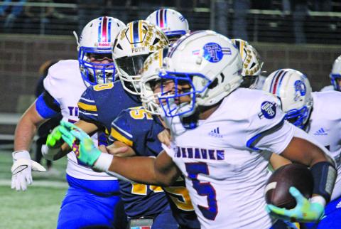 Sentinel Photo/Mike Reddell Tidehaven running back Joseph Dodds picks up yardage against Poth in the quarterfinal game at Texas State stadium Friday, Dec. 2.