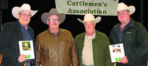 Sentinel Photo/MaLinda Reddell Matagorda County Cattlemen’s Association honored John Ashcraft and Derril Franzen for more than 40 years service to the cattle industry at the group’s forum Friday, Jan. 20. Shown are George Harrison, Ashcraft, Franzen and Matthew Ashcraft, all association directors. 