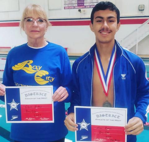 Contributed photo Texas Interscholastic Swimming Coaches Association (TISCA) award-winners for Bay City were Clare Button (Boys' Diving Coach of the Year) and Ian Ramos (Diver of the Year).