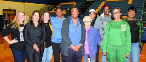 Sentinel Photo/Mike Reddell It was Alumni Night at a recent Ladycat basketball game. Those players attending were, from left: Randi Walker, Belma Cruz, Rachael Richmond, Chandi Jones, Sherby Wilkerson, Margaret Sitka, Toni Thiergood, Kathy Richardson, Sharmane Brown, and Jaqueline Scott.