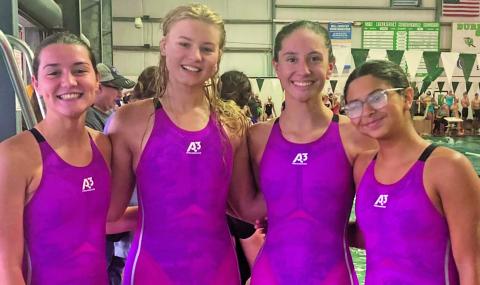 Photo/Lisa Moya BCHS swimmers at last weekend’s Tex Robertson Invite are, from left:  Victoria Sliva, Lucie Frick, Megan Moya, and Kaydence Sanchez.