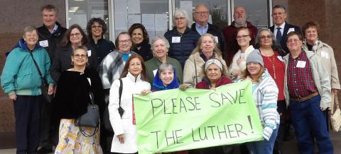 Photo by Dr. Sandra D . Davidson Save the Luther Hotel supporters who attended a 23rd District Court hearing on a temporary injunction blocking a possible demolition gather for a group photo outside the Matagorda County Courthouse Feb. 2. District Judge Ben Hardin granted the temporary injunction and set another hearing for Feb. 16. 