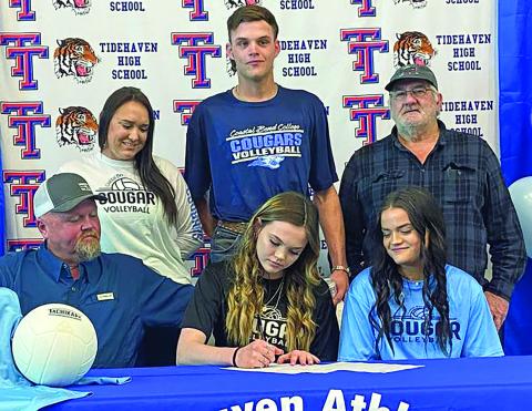 Courtesy photo Tidehaven’s Emma Swift signs a letter of commitment Jan. 25 to play volleyball at Coastal Bend College in Beeville.