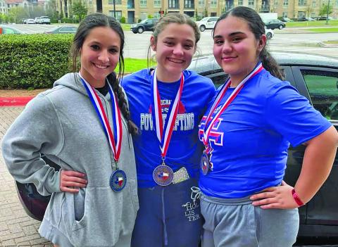 Contributed photo Tidehaven girls competed at the  state powerlifting meet last week. The winners were Melanie Sepulveda, who took home 2nd, Jehan Johnson, 3rd, and Makyla Paniagua, 3rd. The girls tied for 4th as a team. (Per Tidehaven High School Coach Bobby Gonzalez).