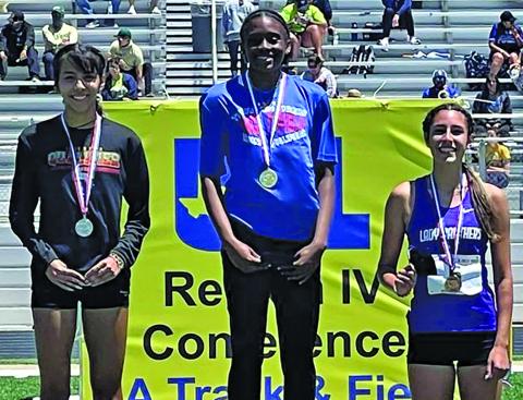 Contributed photo Tidehaven’s Mary Johnson, center, placed 1st in the high jump at regionals and will advance to state.