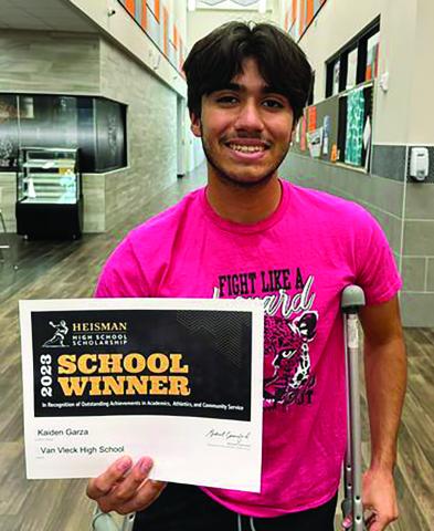 Van Vleck High School’s Kaiden Garza was selected as a School Winner for the Heisman High School Scholarship. Kaiden’s academic and athletic success are a true showcase of his hard work and determination, Van Vleck school officials said.  Contributed photo