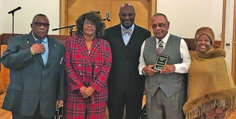 Contributed photo Pictured from left are: Minister Thomas Swift, Cheryl Rutherford, Minister Jerry Manning, Honoree: Pastor  Ruben Newell and Donnye Massey Stone. 
