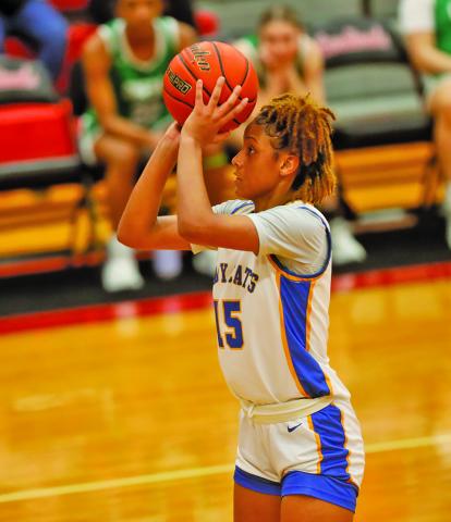 Photo courtesy of Victoria Advocate Bay City Ladycat Khylee Perry takes a shot.