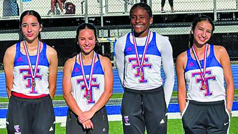 Contributed photo Tidehaven athletes are advancing to the area meet after competing at the district track meet. Above are Maleah, Melanie Sepulveda, Mary Johnson and Naomi Alameda who advance to area competition in the 4x100 relay. Johnson advances to area in the long jump, high jump, 100m, 200m and the 4x100 relay. Tidehaven boys advancing to area include Bryce Sliva in the pole vault and Jospeh Dodds in 100m.