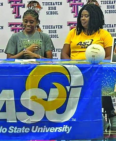 Contributed photo Tidehaven standout volleyball player Mary Johnson recently signed a letter of intent to play volleyball for San Angelo State University during a signing ceremony.