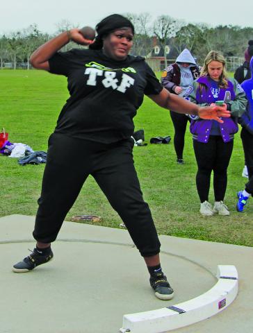 Sentinel Photo/Mike Reddell Bay City’s Malorie Richardson-Clay heaves the shot put in competition last week.
