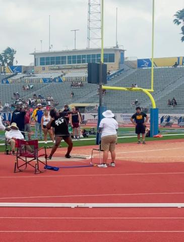    Above, Lady Cat shot putter Malorie Richardson-Clay made a throw of 42’ 6 1/2” to take the gold medal at Regionals in Kingsville last week and qualify for state.  BCISD photo