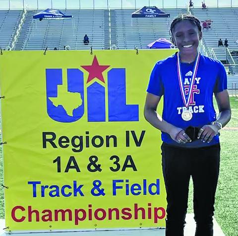 Tidehaven’s standout athlete Mary Johnson came in second in long jump at Regionals and will head to state. She also advanced to finals in the 100, 200 at Regionals.  Courtesy photo