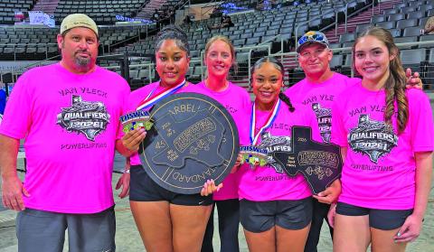 Contributed photo The Van Vleck Girls Powerlifting team had an impressive showing at the State Meet in Edinburg, dominating the platform. Check out these results: Cerenity Gibson, 1st Place (State Champion); Nevaeh Mangum, 1st Place (State Champion); and Taylor Dewitt, 10th Place in the State. Overall, the Lady Lep team won third place overall.