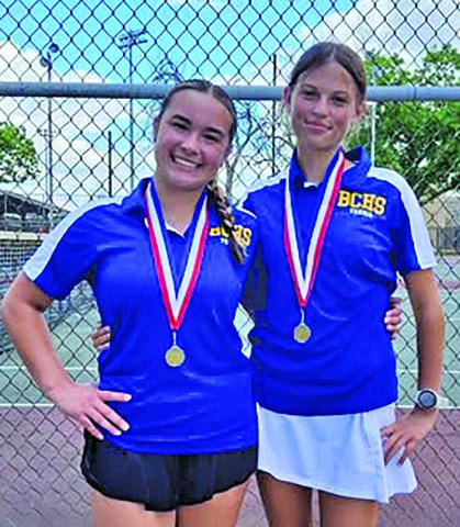 Contributed photo Bay City ISD Ladycats Emily Scardami and Lily Wurtz brought home the gold in District Tennis Doubles last week.