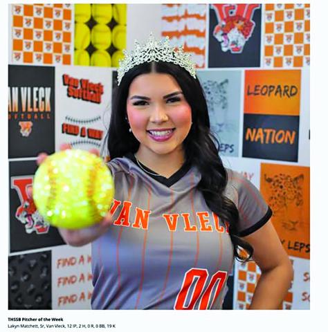 VVHS photo Van Vleck Lady Lep standout pitcher Lakyn Matchett (00) recently was fan-voted (44 percent of the vote) as the overall Texas High School Softball (THSS) pitcher of the week.