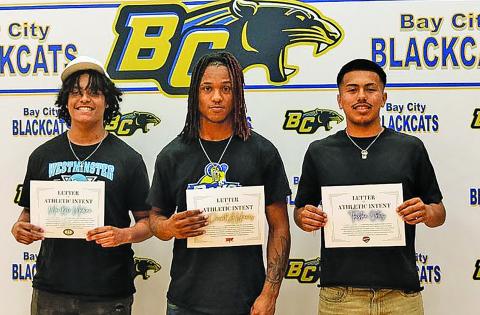 Contributed photo Three BCHS athletes - from left, Mar’kale Medina, Davont’a Harris and Tristan Ortiz - signed college commitments last week. Mar’kale Medina committed to Arkansas Baptist College to play football. Davont’a Harris, inked with Texas Wesleyan University to continue his education and football career.  Tristan Ortiz committed to Jarvis Christian University, where he plans to continue playing soccer while pursuing a degree in Kinesiology.